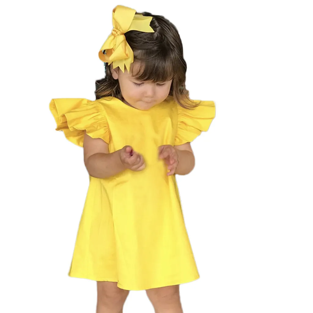 Г. Летние Детские платья для маленьких девочек; одежда с рукавами-крылышками; однотонное платье с бантом; платья; платье принцессы; костюм для девочек