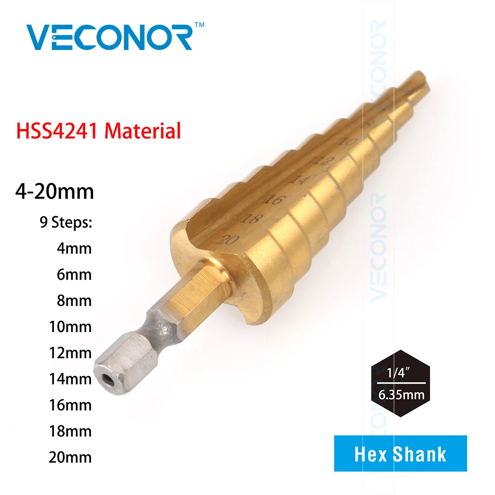 

Veconor 4-20mm impact HSS step cone drill bit titanium nitride coated hole cutter tool set 1/4" hex shank