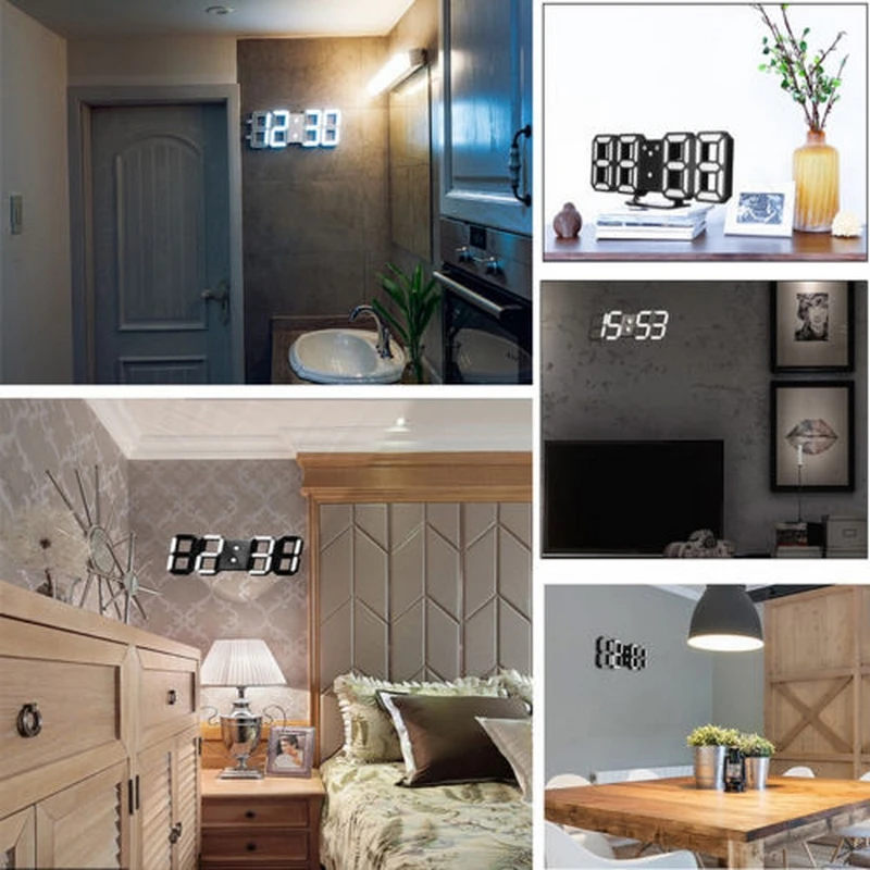 

3D LED Digital Wall Clock 3 Brightness Display Alarm Clock Dimmable Nightlight Glowing Hanging Home Office Kitchen Decoration