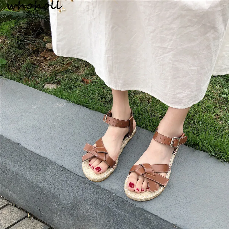 

WHOHOLL Women Sandals Fashion Straw Shoes Woman Sandalias Summer Wedges Sandals Ankle Strap Casual Shoes Flats Ladies Sandals