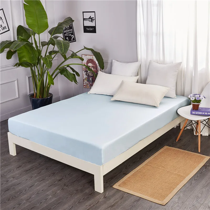 

Modern Style Small Fresh Blue Solid Color 100% Cotton Fitted Sheet With Elastic Band Bed Sheets Adult Mattress Cover Size Soft