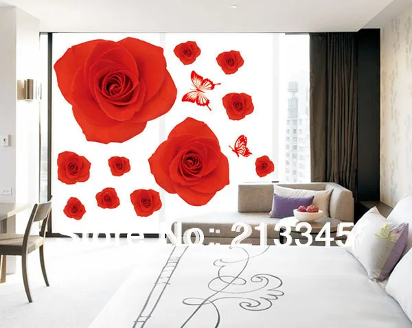 

[Fundecor] DIY home decor red roses couple room decorative wall stickers mural decals flowers 6301
