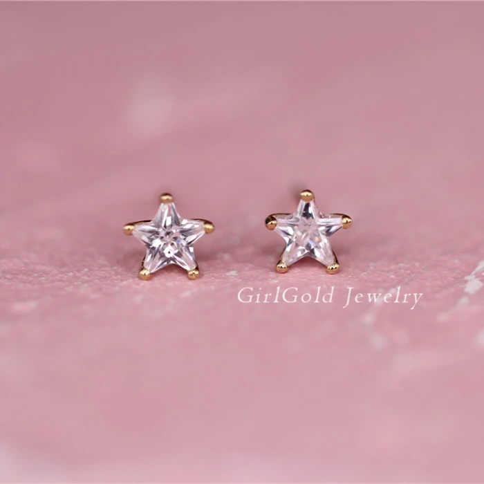 9K твердые золотые звезды уникальные Кристальные серьги-гвоздики мини Изящные для женщин минимальный простой стиль подарок подружки невесты