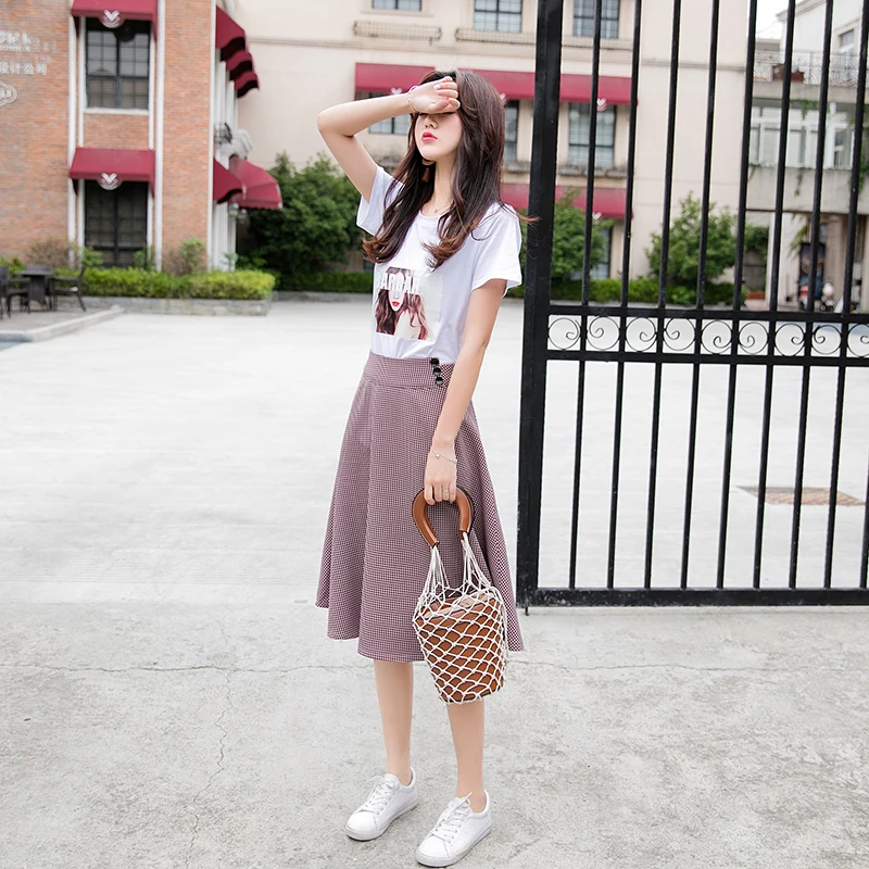 

Two Piece Set Skirt Women Cropped Top Short Sleeve Plaid High Wiast Sexy Skirt Fashion Casual Women Set Vestidos Ropa Mujer