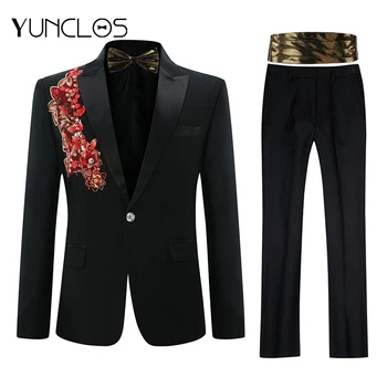 

YUNCLOS New Men Suit Party Dress 2 Pieces Sequin Tuxedos Slim Fit Suits with Girdle & Bowtie Diamond Wedding Party Suits