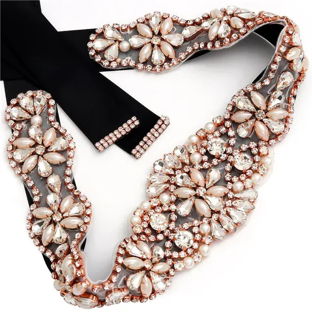 MissRDress Wedding Rhinestones Bridals Belt Pearls Crystal Bridal Belt Jeweled Bridal Sash For Wedding Dresses Pearl Belts JK806 Rose gold---black