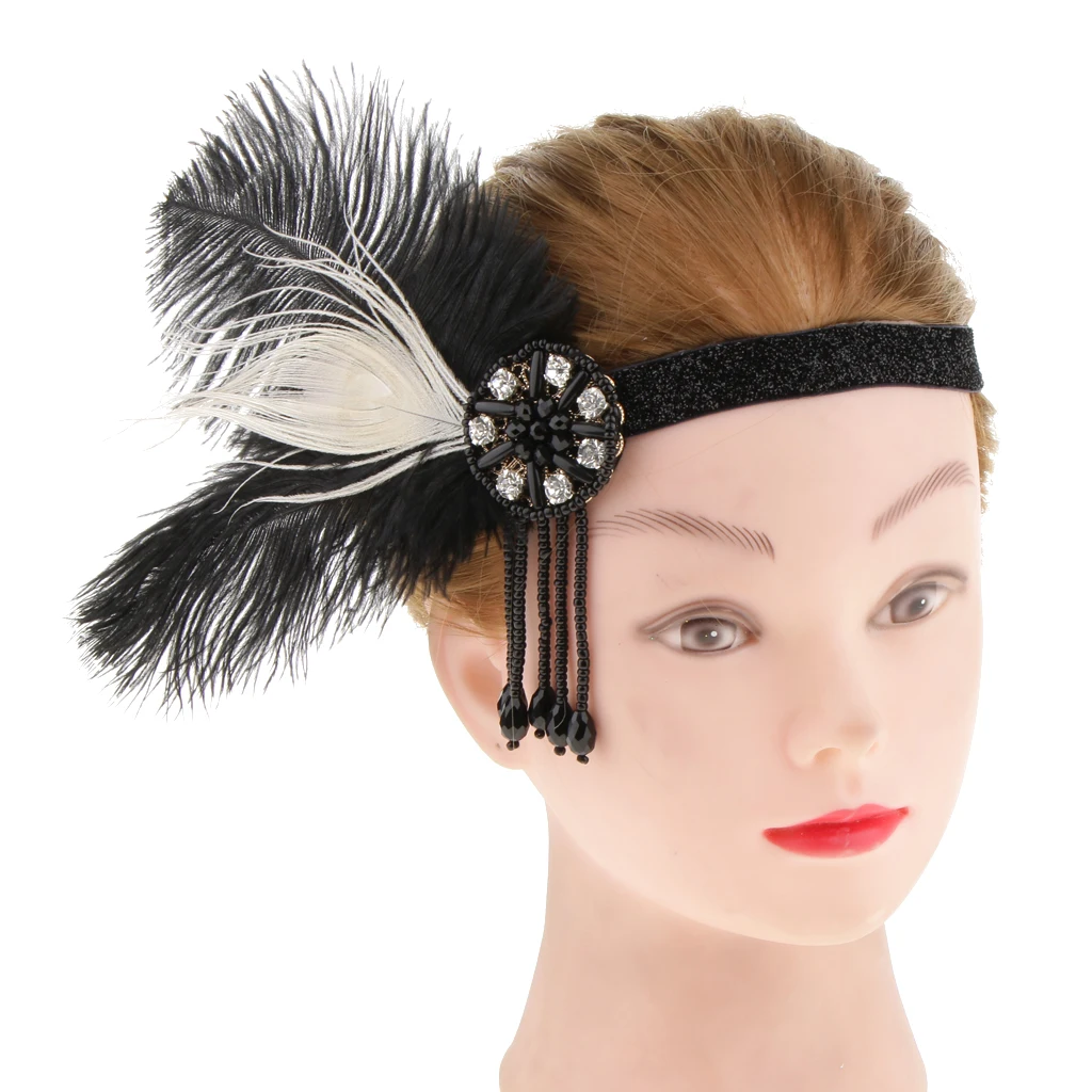 1920s Lady Girls Feather Crystal Tassel Headband Headwear Hair