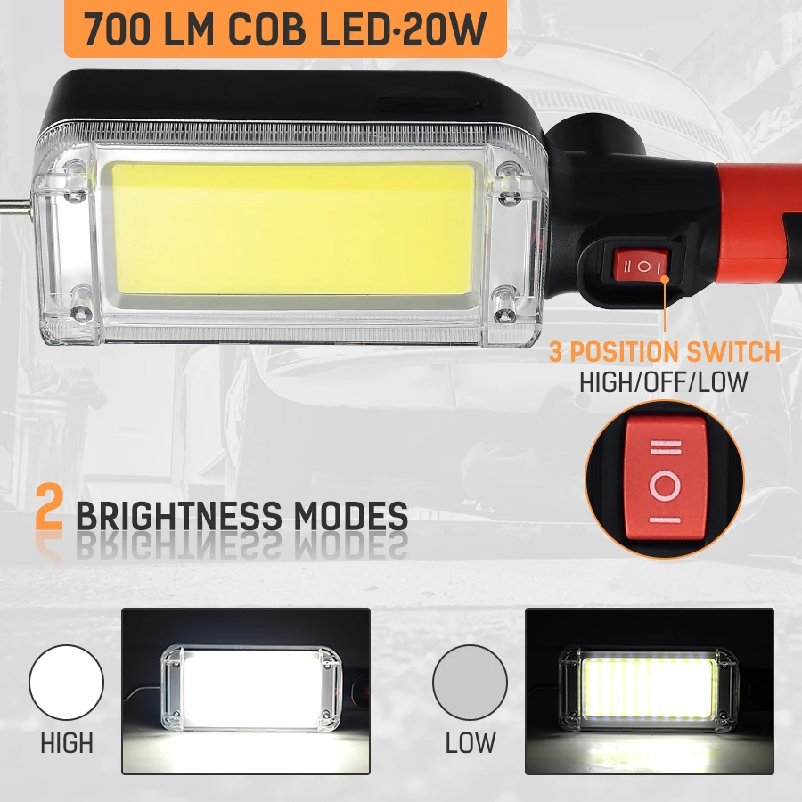 USB Перезаряжаемый C0B светодиодный рабочий светильник, автомобильная инспекционная переносная Рабочая лампа, Регулируемый легкий переносной аварийный светильник DC5V 20 Вт 700LM