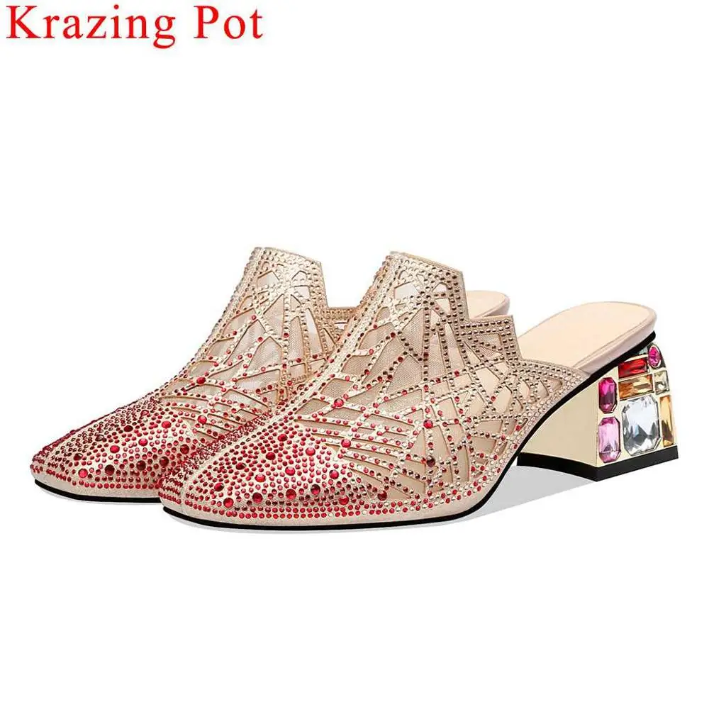 

Krazing Pot handmade colorful crystals studded mules square toe women pumps slip on large size dress suit mature women shoes L95