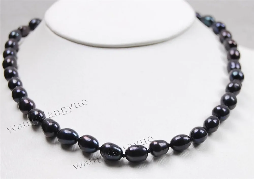 DYY XZTY5467 fast 8X10MM Rice-Shape Black Akoya Cultured Pearl Necklace AA+ 17&quot NEW |