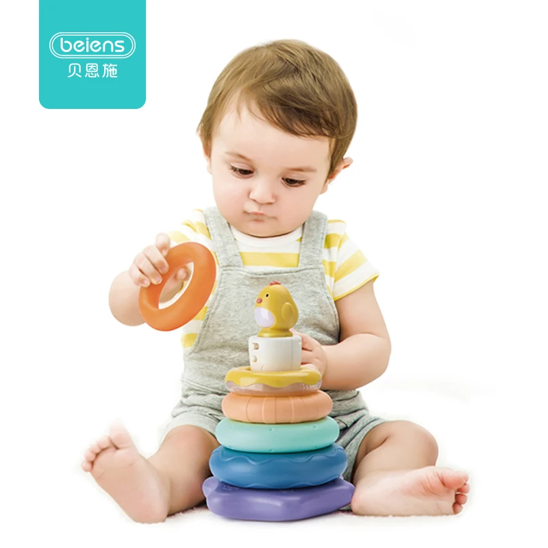 low cost Beiens Stacking Rings Toy Baby Rainbow Tower Ring Rattles Toys Children Building Blocks Stack Up As