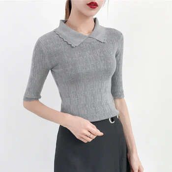 

2019 new summer short sweater female sleeve head square neck loose sleeve shirt conditioning thin sweater shirt