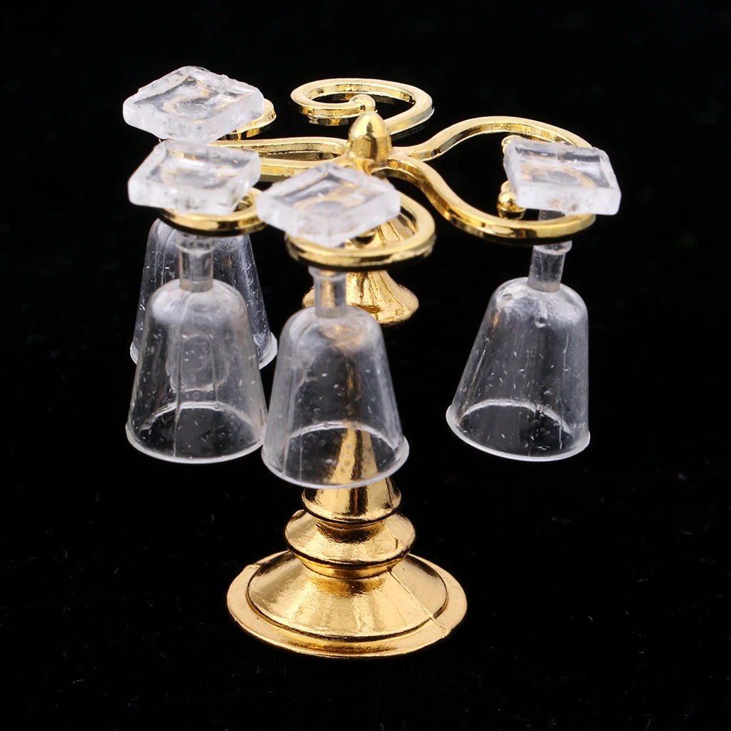 1/12 Scale Dollhouse Miniature Golden Polished Metal Goblet Rack Stand Holder Wine Cup Rack w/ 4 Wine Ggoblets Kits Decor