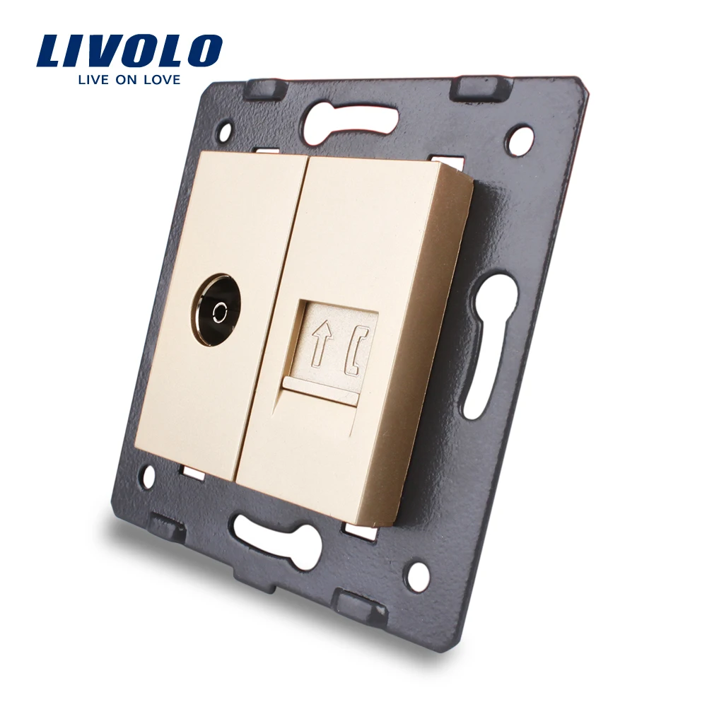 Производство Livolo, белый кристалл стекло панель, 2 банды стены ТВ и тел Socket/Outlet VL-C7-1VT-11, без переходник