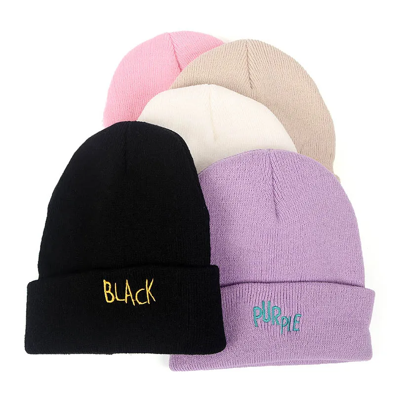 Осенняя и зимняя вязаная шапка фиолетовая белая розовая черная бежевая кепка хип-хоп