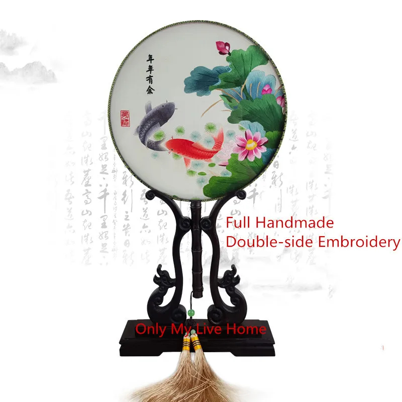 

Fine Round Decorative Chinese Hand Fans Women Gift Natural Mulberry Silk Fan Handmade Double Embroidery Ebony Handle Fan