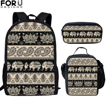 

FORUDESIGNS Retro Aztec Elephant Print Kids School Bags Children's 3Set/pcs Shoulder Women Student Backpack For Girls Book Bags