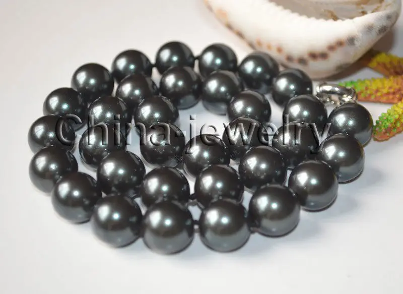 

10X10 jewerly free shipping 18" 12mm perfect round peacock black south sea shell pearl necklace - GP clasp