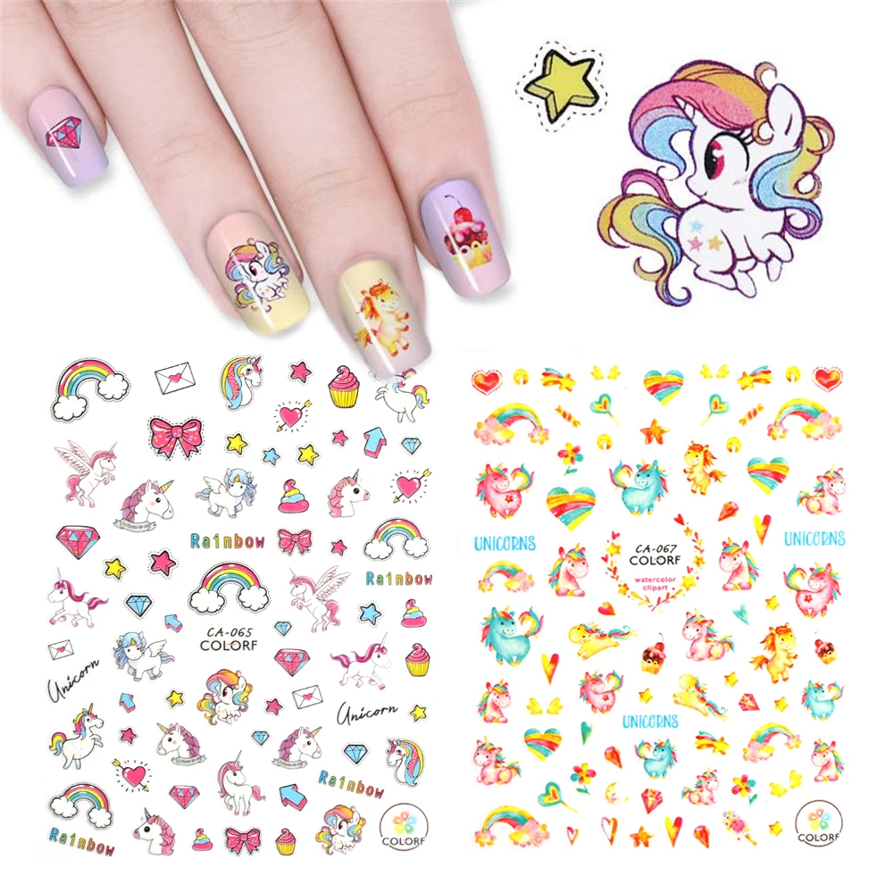 

1 Sheet Fashion 3D Unicorn Flamingo Nail Sticker Colorful Rainbow Star Heart Adhesive Nail Decal DIY Nail Art Tools New Arrival