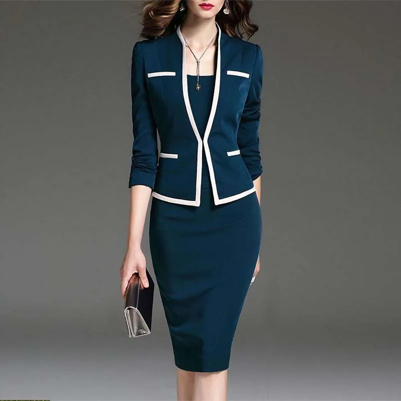 Women Suits Bodycon Dress Jacket 2 Pieces Set Office Wear Jacket And Dress 2019 Spring Autumn Female Dresses Suits Plus Size 6XL