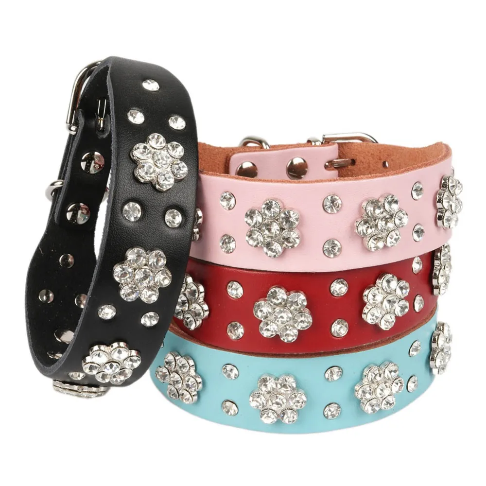 Cats Collars Dogs Rhinestone Genuine leather Personalized ...