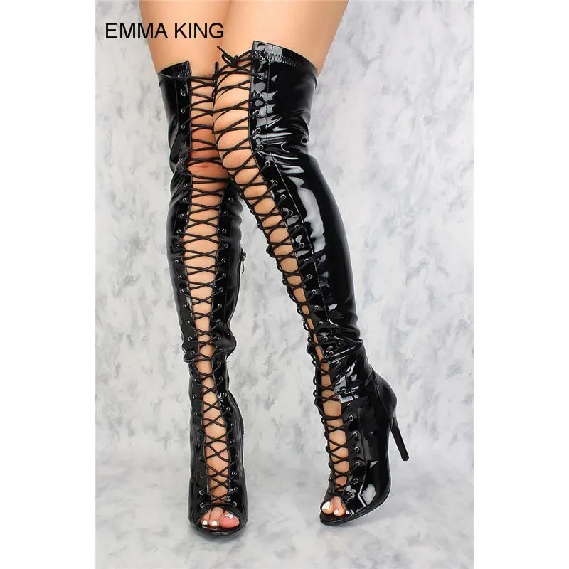 

EMMA KING Cross Tied Over The Knee Summer Boots Women Thin High Heels Peep Toe Side Zipper Sexy Mujer Booties Fashion Party Shoe