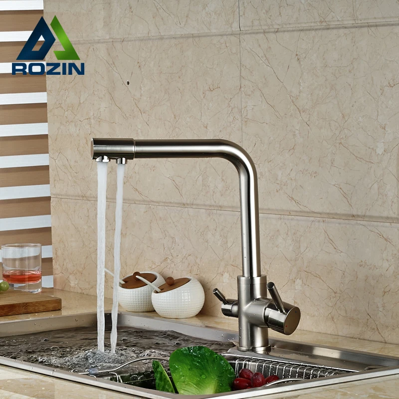 Brushed Nickel Dual Water Outlet Kitchen Sink Faucet Dual Handle Pure Water Mixer Taps Deck Mounted