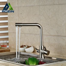 Brushed Nickel Dual Water Outlet Kitchen Sink Faucet Dual Handle Pure Water Mixer Taps Deck Mounted