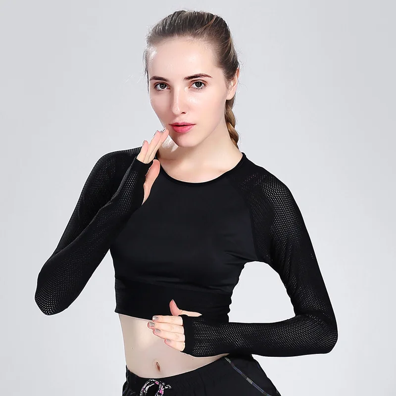 Ladies Sports Fitness Long Sleeve T-Shirt Sexy Mesh Breathable Workout Yoga Shirts Black Gym Running Base Layer Crop Top Women