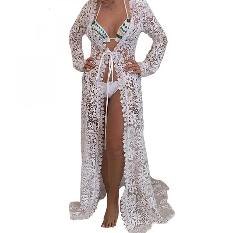 

Hollow Lace Patchwork Female Long Cardigan White Beach Cover Up Black Sexy Beachwear Cover-Ups Summer Clothes for Women