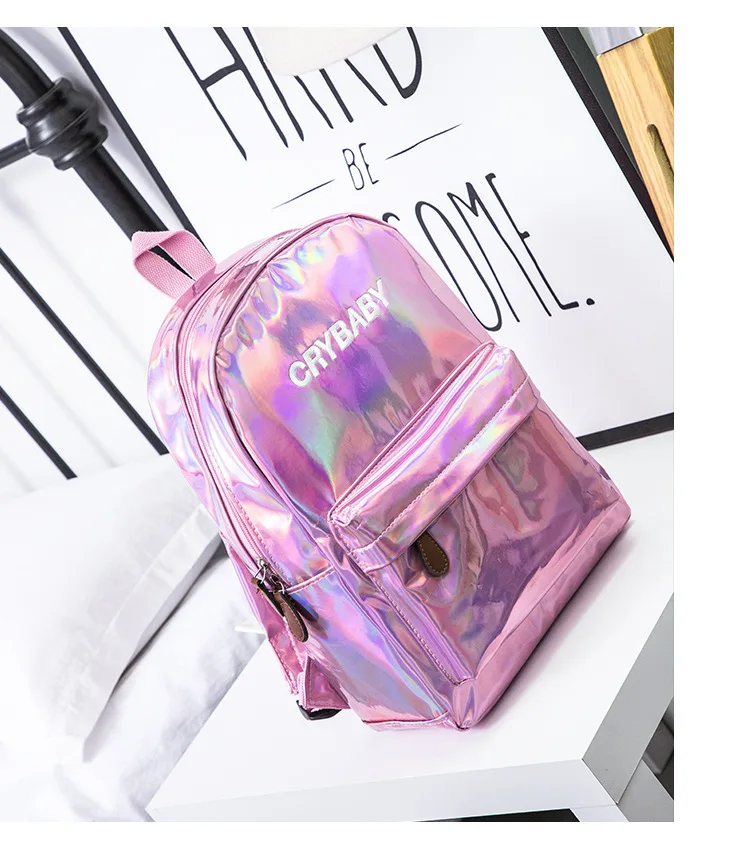 Голографический рюкзак для девочек, школьная сумка для женщин, Корейский простой голографический Яркий кожаный рюкзак, дорожная сумка для подростка
