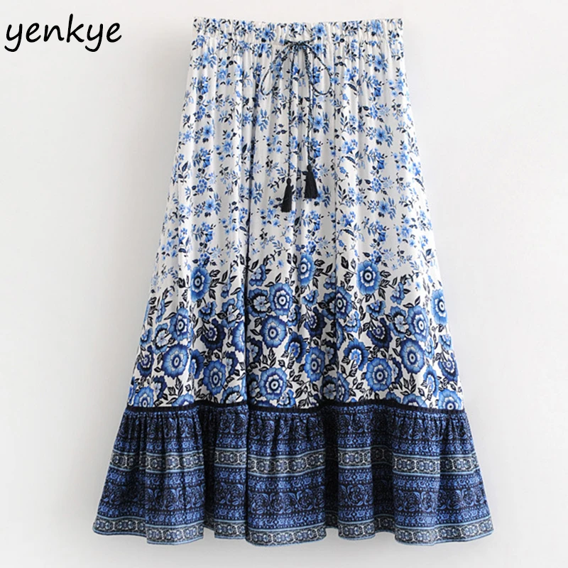 

Holiday Summer Skirts Womens Floral Printed Beach Boho Skirt Drawstring Elastic High Waist A-line Midi Skirt DWDD8366