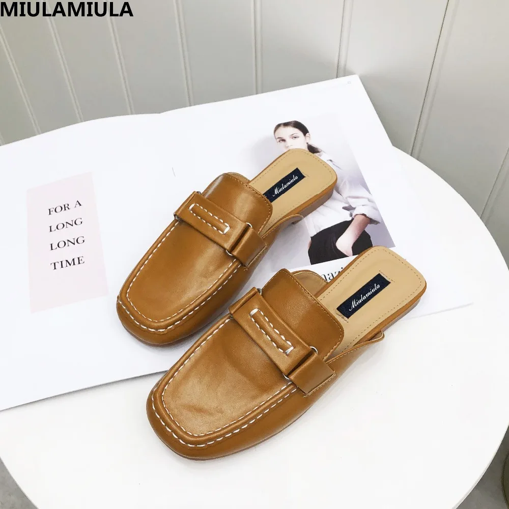 

MIULAMIULA Brand Designers 2019 Spring Black Yellow Square Toe Woman Shoes Flat Leather Band Slides Slip On Loafers Mules 35-40
