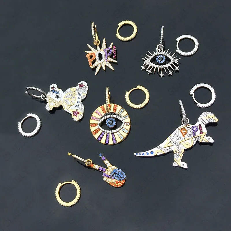 

SLJELY High Quality Women 925 Sterling Silver Asymmetric Mutilcolor Cubic Zirconia Lucky Eye Dino Skull Bear Pop Drop Earrings