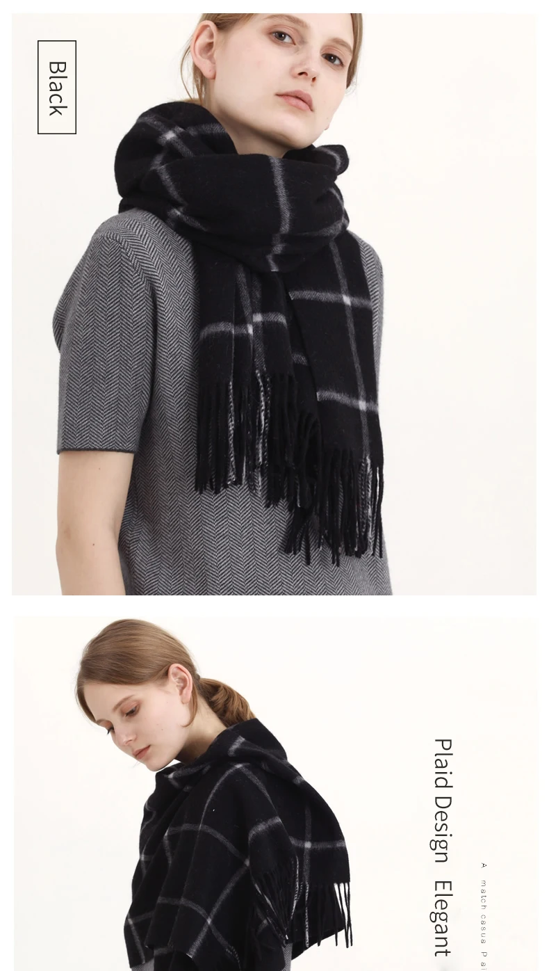 Чистый шерстяной шарф для женщин, зимний шерстяной шарф, роскошный бренд, зимний шарф в клетку, Натуральная шерсть, шали и палантины