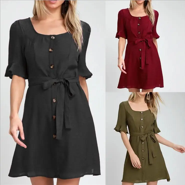 

New Women Summer Dress Casual Short Sleeve Elegant Party Dress V-neck Buttons Beach Dresses robe femme Vestidos
