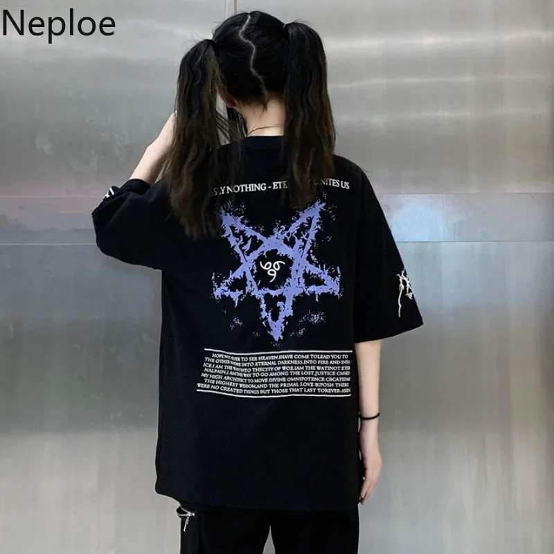 Neploe Готический пентаграмма с буквенным принтом Женская Harajuku футболка с коротким рукавом женские топы свободная летняя Корейская одежда футболка 39138
