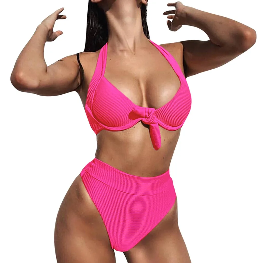 

Pink High Waist Bikini Set Swimwear Women Push Up Halter Bikinis 2019 Mujer Swimsuit Bow Knot Biquini Swimming suit for Women