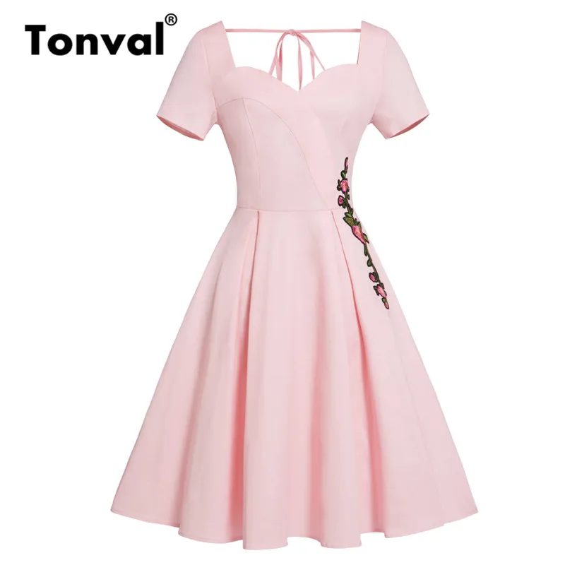

Tonval Sweetheart Neckline Floral Embroidery Party Pink Dress Women Tie Back Vintage Clothes Solid Backless Dresses