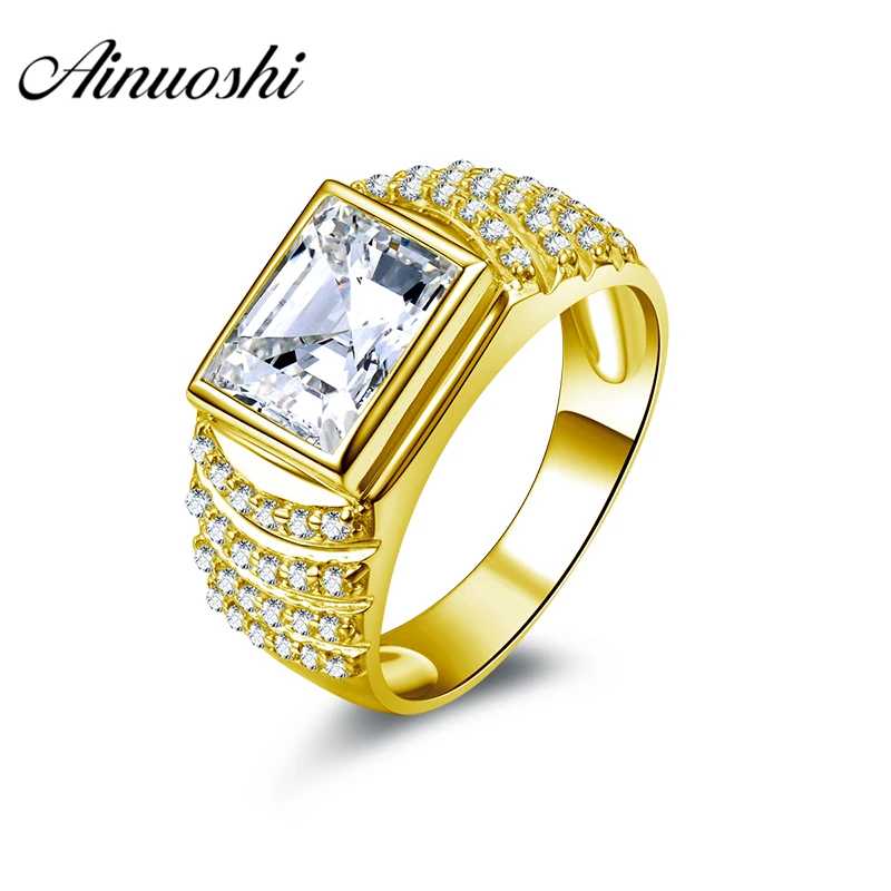 

AINUOSHI Luxury 10K Solid Yellow Gold Men Ring 6.4g Wedding Band 4CT Rectangle Cut Layers Drills Band For Male Wedding Jewelry
