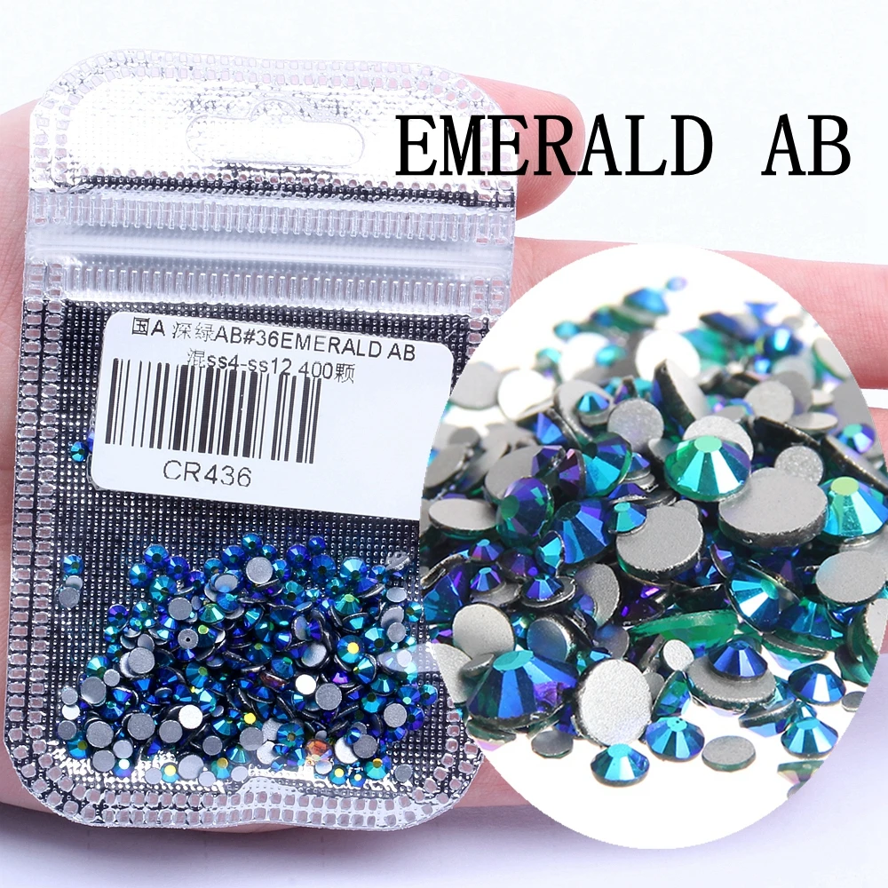 36 EMERALD AB Стразы для нейл-арта, 400 шт, микс из SS4-SS12, стеклянные кристаллы с плоской задней частью, не исправляющие Стразы для ногтей, для ногтей, более 60 цветов - Цвет: 36 EMERALD AB