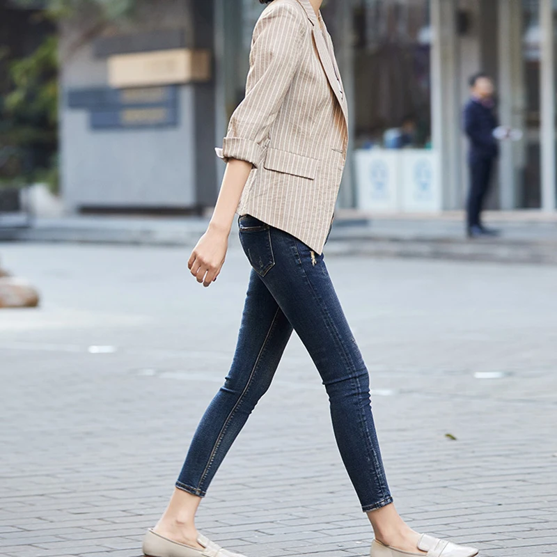 women blazer turn down collar slim Cotton blazer mujer 2019 Solid color stripes Vintage small fragrance vogue blazer New fashion