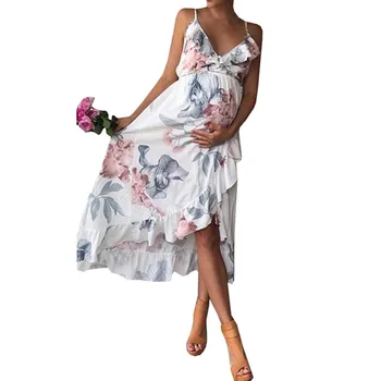 

pregnancy dress deep leaf V hanging band irregular printing pregnant women's dress elegant maternity dresses for photo shoot
