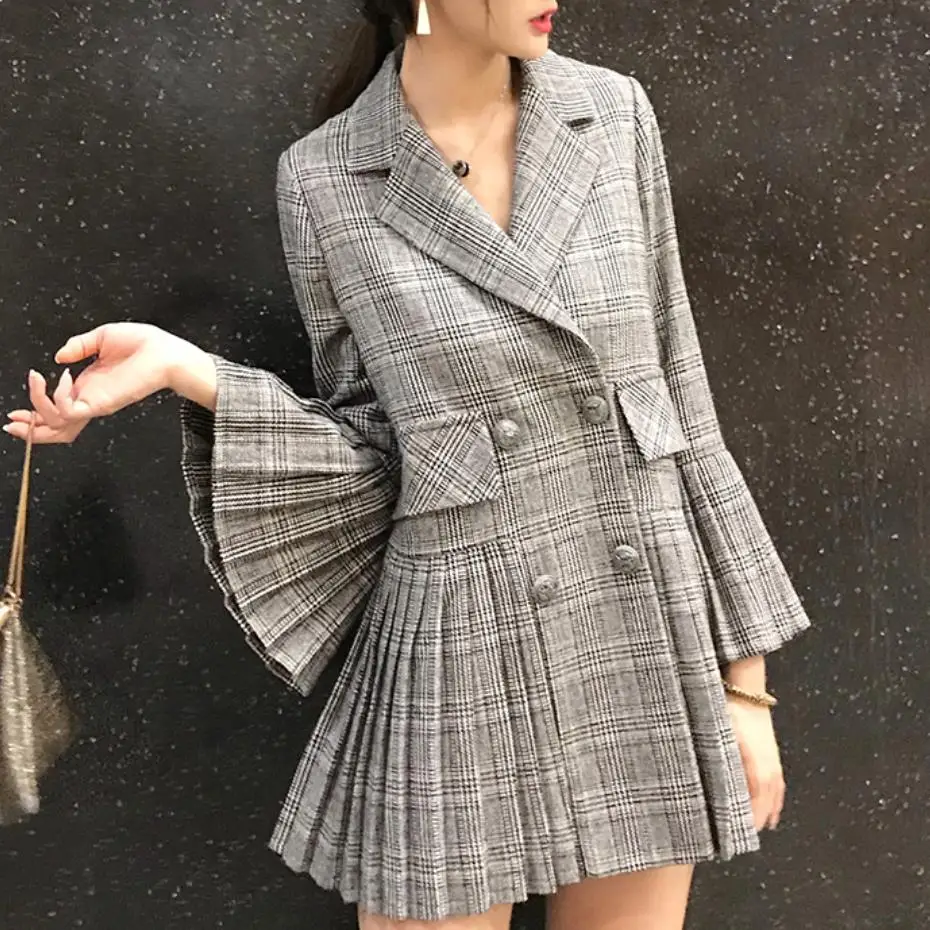 

New Fashion Check Plaid Blazer Woman Notched Long Flare Sleeve Double Breasted Pleated Suit Casual Autumn