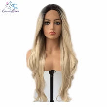 Beauty Town, темные корни, Омбре, блонд, волнистые, стиль, ручная вязка, термостойкие волокнистые волосы для женщин, повседневный макияж, синтетические парики на кружеве
