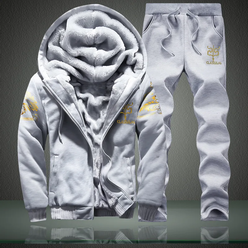 Winter Furring and Thickening Men's Leisure Sports Suit, Hat and Guard Suit M-4XL - Color: Gray