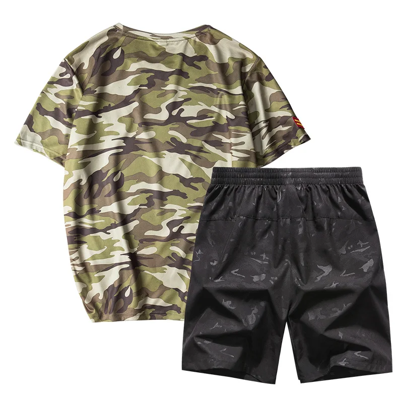 Plus Size Two Piece Set Men Camouflage Short Sleeve T Shirt Top + Camo Shorts Breathable Beach Set T-shirt Suit Set Sportswear