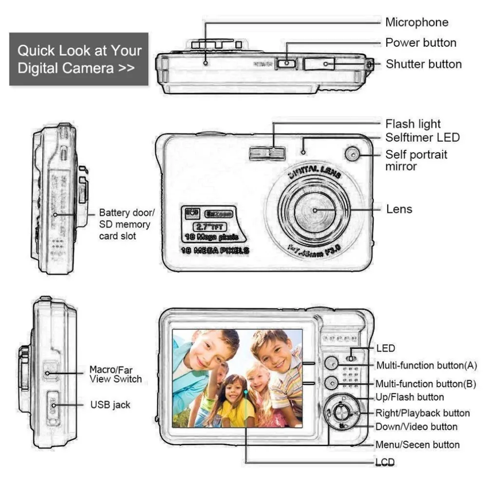 2.7-inch Ultra-thin 18 Million Pixels Hd Digital Camera Children's Camera Video Camera Digital Students Cameras