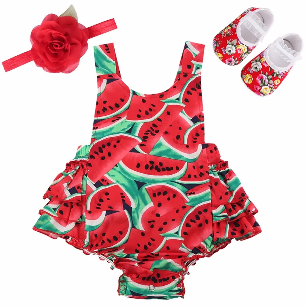 

2019 Summer Set Fashion Baby Girl Clothes 3PCS;Watermelon Round Neck Bodysuit Cotton Jumpsuit Roupas De Bebe Baby Girl Outfit