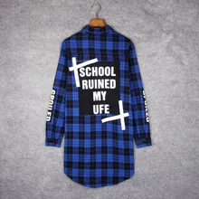 Хип хоп клетчатая длинная рубашка для мужчин's повседневное клетчатая Удлиненная блузка уличная человек демисезонный хип хоп одежда